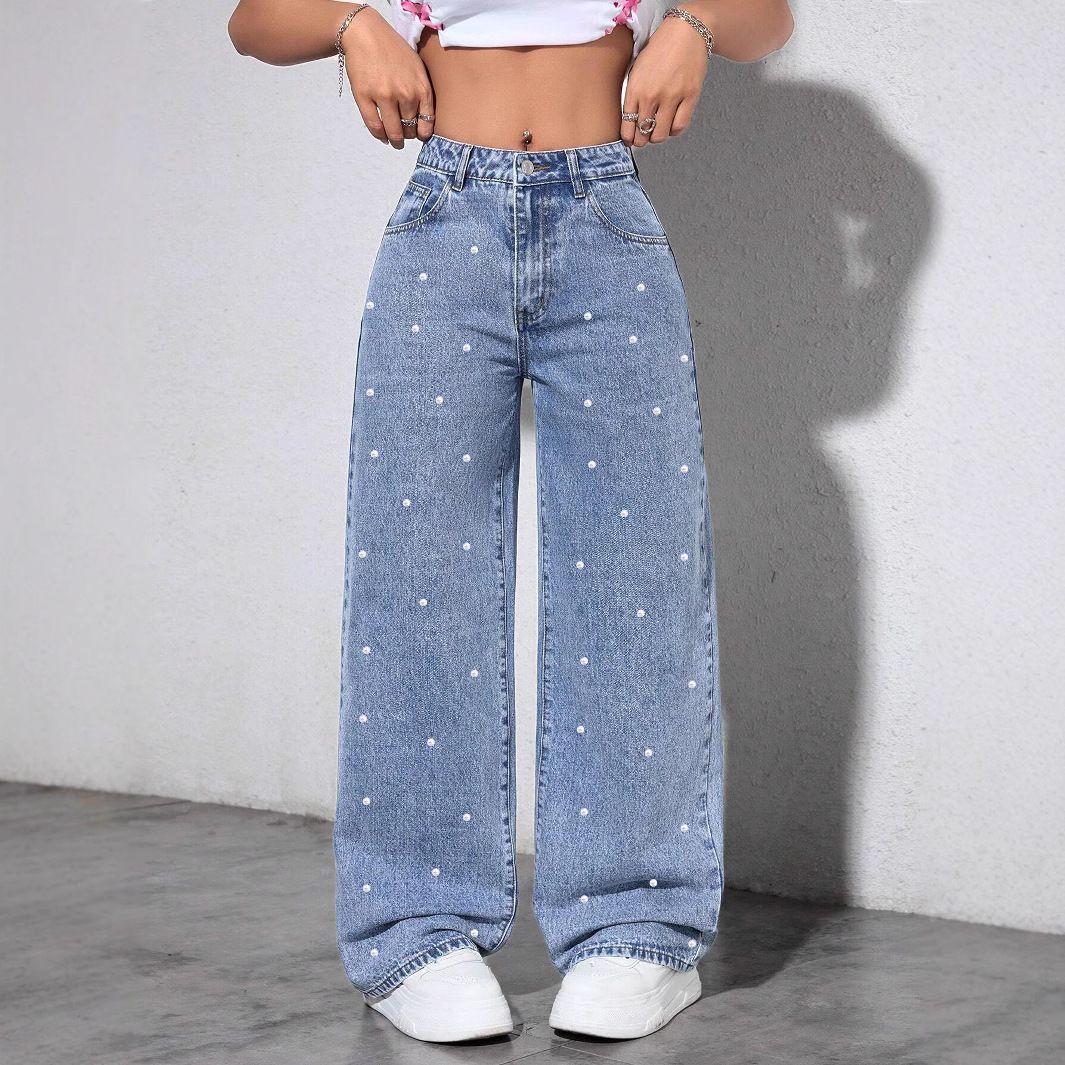 Cross-border European And American Bestseller, Ins-style Pearl Straight Loose Versatile Wide-leg Long Pants,_mkmklike.com