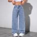 Women's Wide-Leg Washed Jeans – Vintage Pearl Wash Denim Pants With Relaxed Straight Fit (Light Blue & Dark Blue)_mkmklike.com