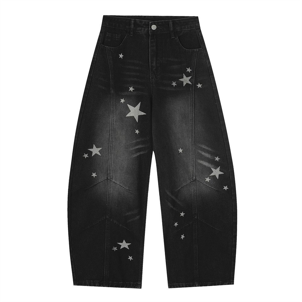Punk Washed Vintage Denim Scimitar Street Style Men's Starry Sky Niche Design Loose Wide-Leg Long Pants_mkmklike.com