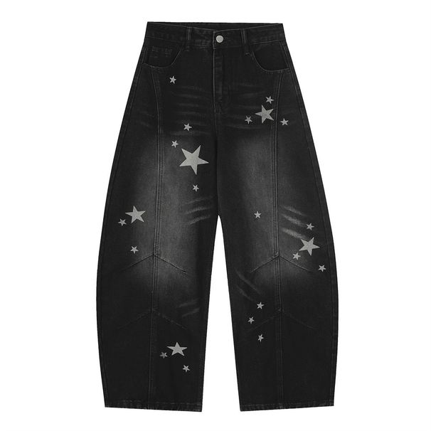 Punk Washed Vintage Denim Scimitar Street Style Men's Starry Sky Niche Design Loose Wide-Leg Long Pants_mkmklike.com