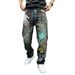 Men's Streetwear Denim Jeans High-Fashion Straight Leg With Vintage Wash & Graphic Print (28-40) – Retro Black-Grey Cotton Pants For Urban Styling_mkmklike.com