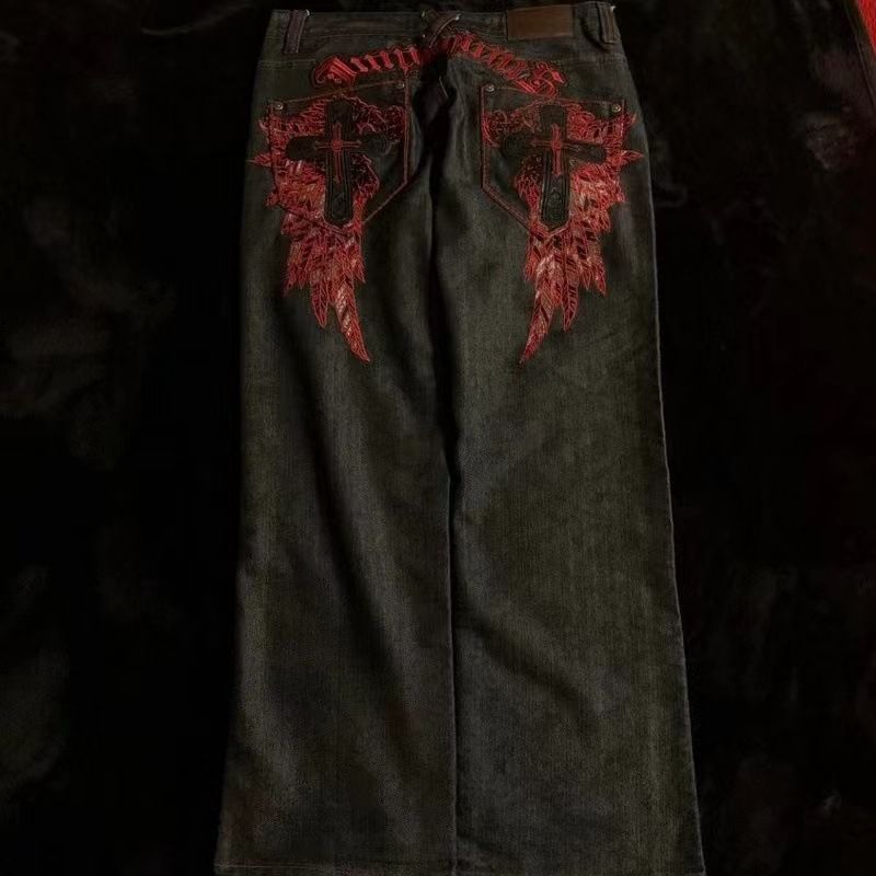 Factory Direct Sales American Retro Embroidery Trendy Brand Hip Hop Street Wide Legs High Waist Jeans Casual Versatile_mkmklike.com
