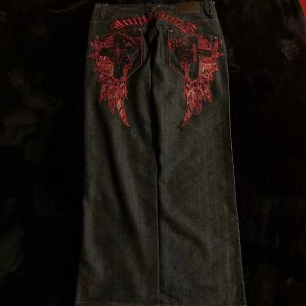 Factory Direct Sales American Retro Embroidery Trendy Brand Hip Hop Street Wide Legs High Waist Jeans Casual Versatile_mkmklike.com
