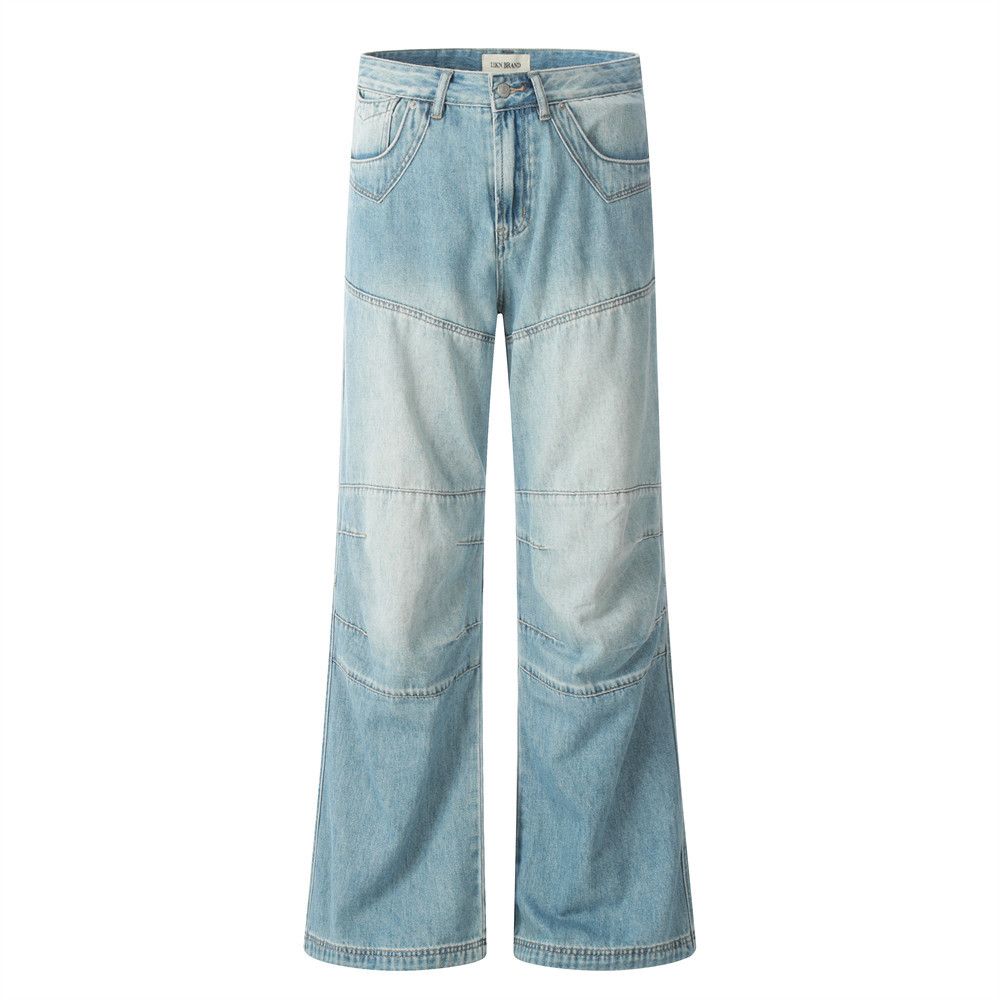 Denim Washed Flared Vibe Trend Hip-Hop Men's Stitched Split Deconstructed Patchwork Loose Wide-Leg Long Pants_mkmklike.com