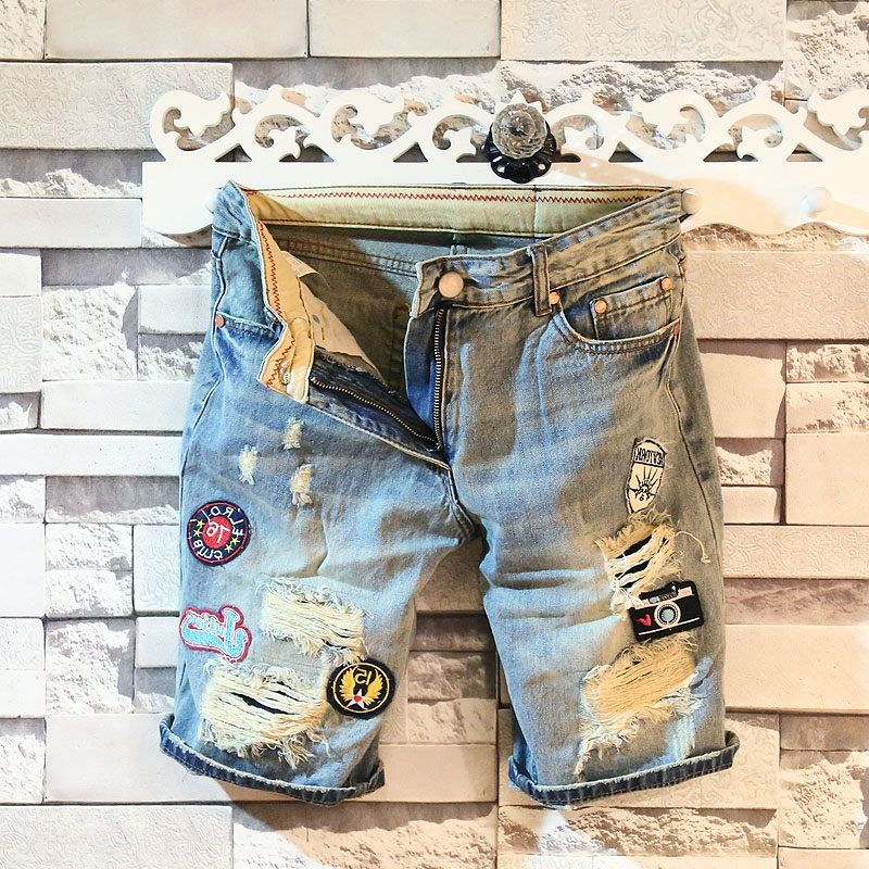 Trendy Men's Summer Denim Shorts 5/4 Length Ripped Distressed Embroidered Patchwork Street Style_mkmklike.com