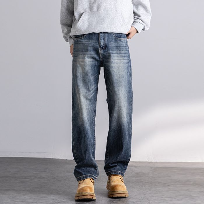 Elastic Autumn New Jeans Men's Fit Straight Loose Trendy Brand American Washed Middle Waist Youth American Retro_mkmklike.com