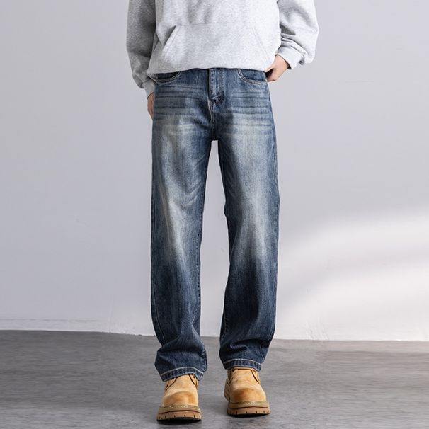 Elastic Autumn New Jeans Men's Fit Straight Loose Trendy Brand American Washed Middle Waist Youth American Retro_mkmklike.com