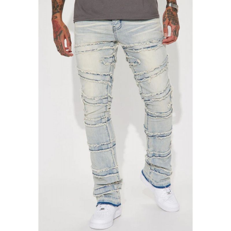 New Men's Straight Leg Jeans American Street Style Versatile Patchwork Denim Layered Slightly Flared Pants_mkmklike.com