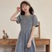 2025 Spring New French High Waist Look Thin And Tall Denim Hooded Round Neck Short Sleeved Dress For Women_mkmklike.com