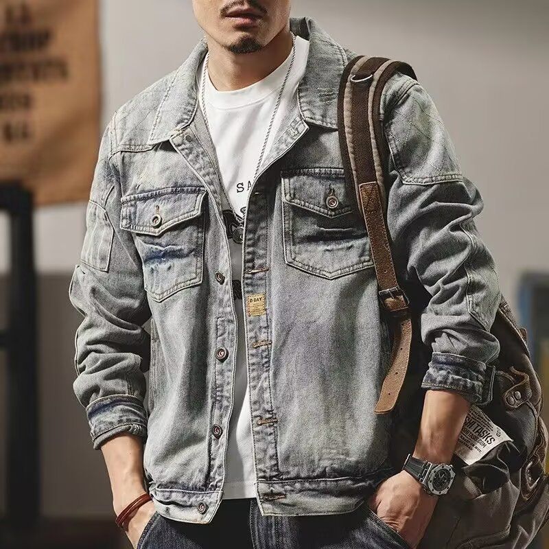 Men's Clothing Vintage Washed Denim Jacket – Oversized Workwear Coat For Men (Sandstone, M-XXXL) Hot-selling_mkmklike.com