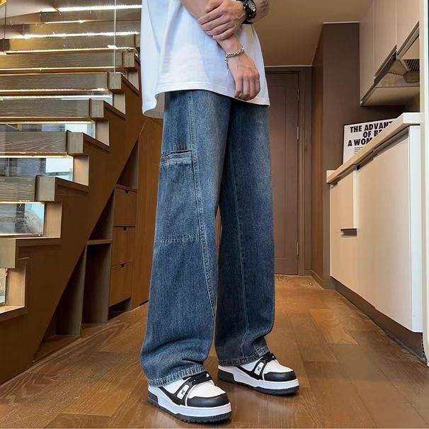 Men's Trendy Brown Retro Denim Jeans Loose Straight Leg High Street American Style Multi Pocket Cargo Casual Trousers_mkmklike.com