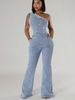 K Slanted Shoulder Tight Waist Slim Fit Elastic Denim Jumpsuit Jumpsuit Flared Pants_mkmklike.com