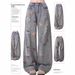 Women's Clothing High Waist Ripped Jeans Wide Leg Design Embroidered Bear Detail Spring Autumn Fashion Casual Denim_mkmklike.com