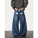 Unisex Vintage Indigo Houndstooth Blade Jeans - 90s Retro Wide-Leg Streetwear Pants With Asymmetrical Cuts_mkmklike.com