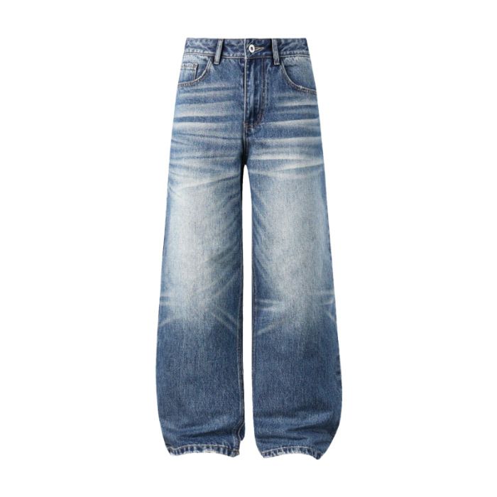 Unisex Whiskered Straight Leg Jeans Mid Waist Loose Wide Leg Pants Street Style Youth Couple Trousers With Slight Stretch_mkmklike.com