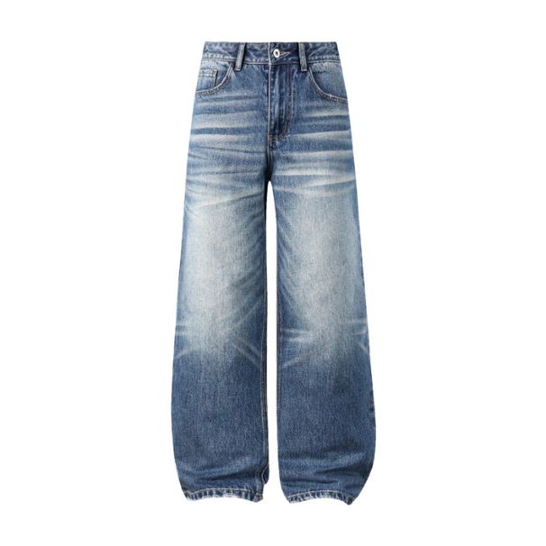 Unisex Whiskered Straight Leg Jeans Mid Waist Loose Wide Leg Pants Street Style Youth Couple Trousers With Slight Stretch_mkmklike.com