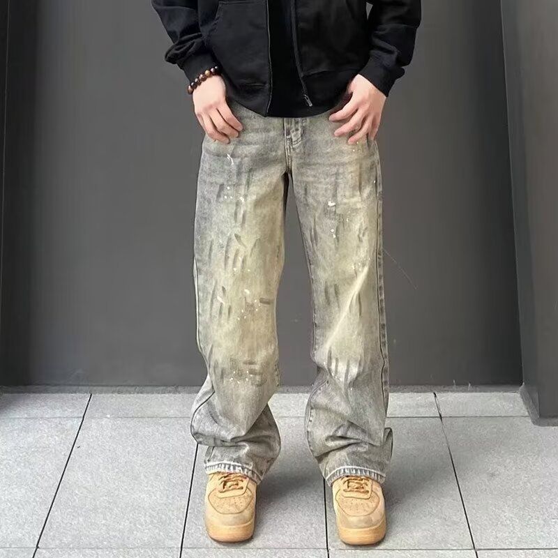 Men's Clothing Trendy High Street Style Washed Splatter Painted Jeans Straight Leg Slightly Flared Curved Hem Men's Denim_mkmklike.com