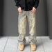 Men's Clothing Trendy High Street Style Washed Splatter Painted Jeans Straight Leg Slightly Flared Curved Hem Men's Denim_mkmklike.com