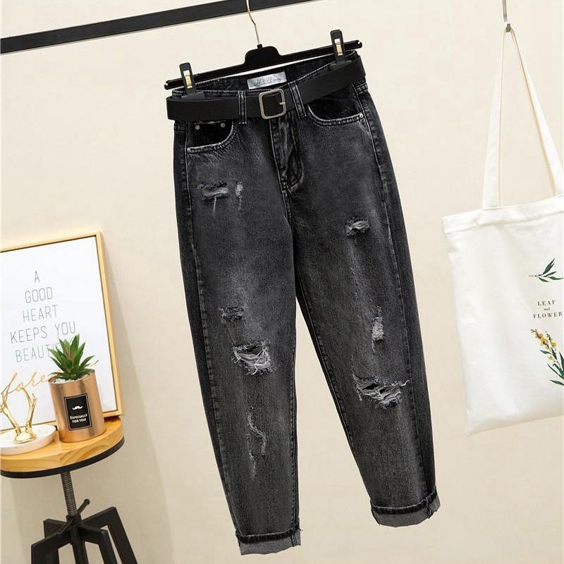 Korean Style plus Size Ripped Cropped Jeans Loose Fit Slimming Straight Leg Carrot Harem Trendy Women's Denim_mkmklike.com