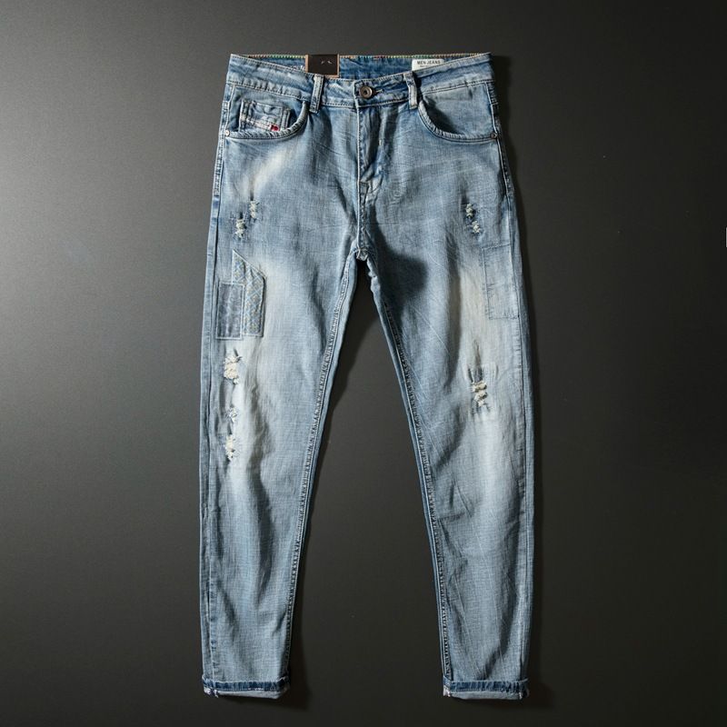 Men's Slim Fit Casual Pants Light Luxury Summer High End Elastic Soft Heavy Duty Washed Jeans Small Straight Denim_mkmklike.com