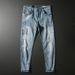 Men's Slim Fit Casual Pants Light Luxury Summer High End Elastic Soft Heavy Duty Washed Jeans Small Straight Denim_mkmklike.com