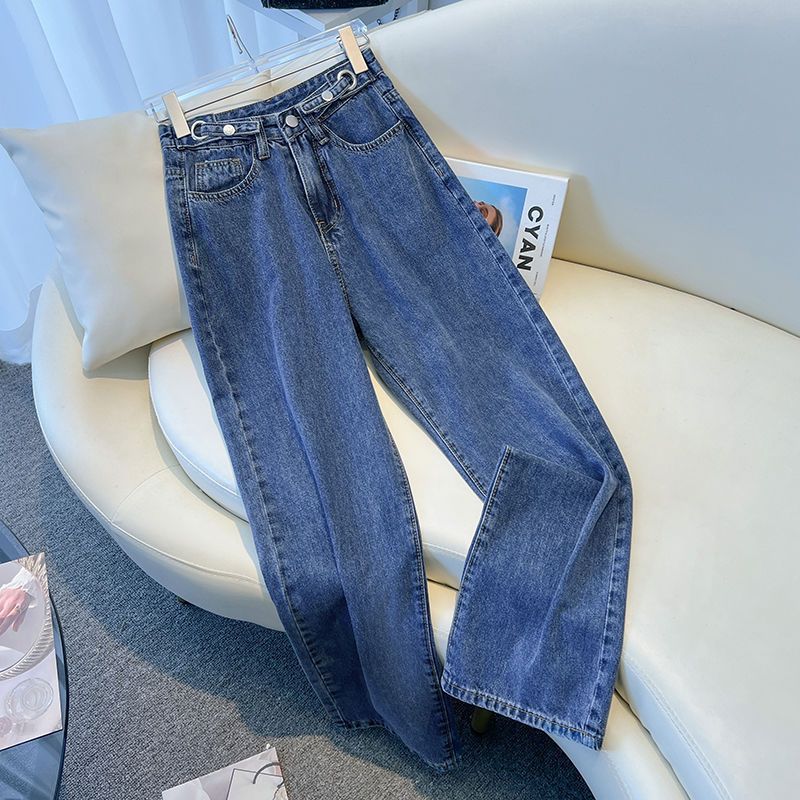 Women's High Waist Straight Leg Jeans Adjustable Buckle Loose Fit Slimming Floor Length plus Size Denim_mkmklike.com