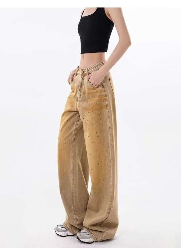 Vintage Distressed Rivet Wide-leg Jeans For Women, Autumn And Winter, Stylish, Loose, Slimming, Straight-leg,_mkmklike.com