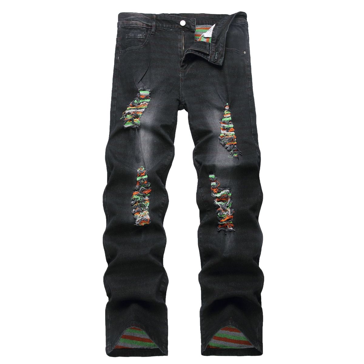 Men's Clothing Men's Straight Leg Loose Fit Jeans Black Ripped Multi Colored Yarn Plus Size Denim For Formal & Casual_mkmklike.com