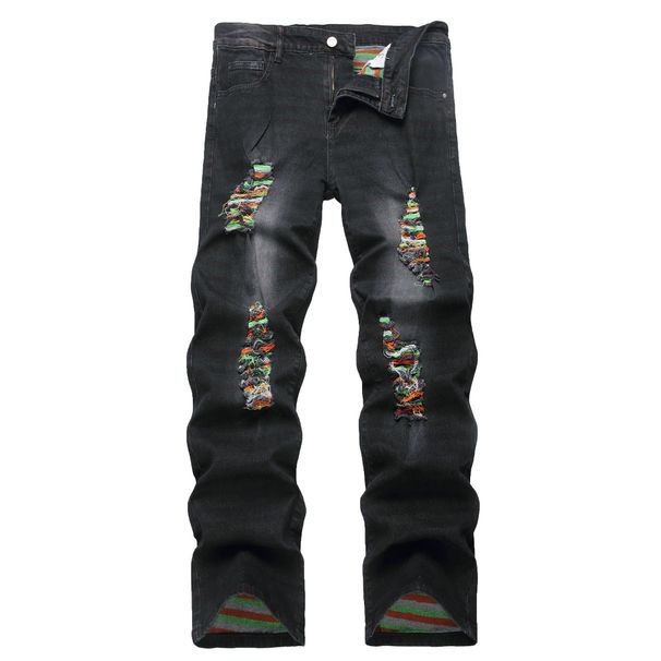 Men's Clothing Men's Straight Leg Loose Fit Jeans Black Ripped Multi Colored Yarn Plus Size Denim For Formal & Casual_mkmklike.com