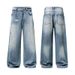Men's Washed Denim Trousers Loose Fit Relaxed Wide Leg Casual Wear with Splatter Paint Design Retro American Style_mkmklike.com