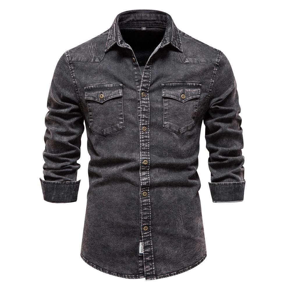 Loom 2024 Cross-Border Foreign Trade Autumn Winter Size Men's Denim Shirt Washed Vintage Long Sleeve Retro European And_mkmklike.com