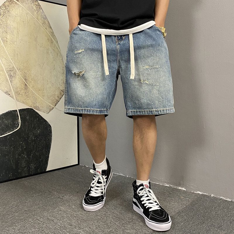 Summer Men's Clothing Ripped Denim Shorts Trendy Plus Size Elastic Waist Loose Fit Casual Five Point Pants_mkmklike.com