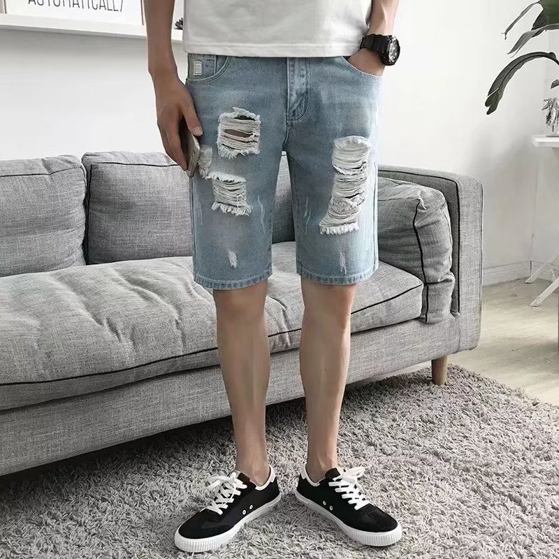 Men's Summer Thin Ripped Denim Shorts Loose Straight Leg Five Point Pants Trendy mid Length New Style_mkmklike.com