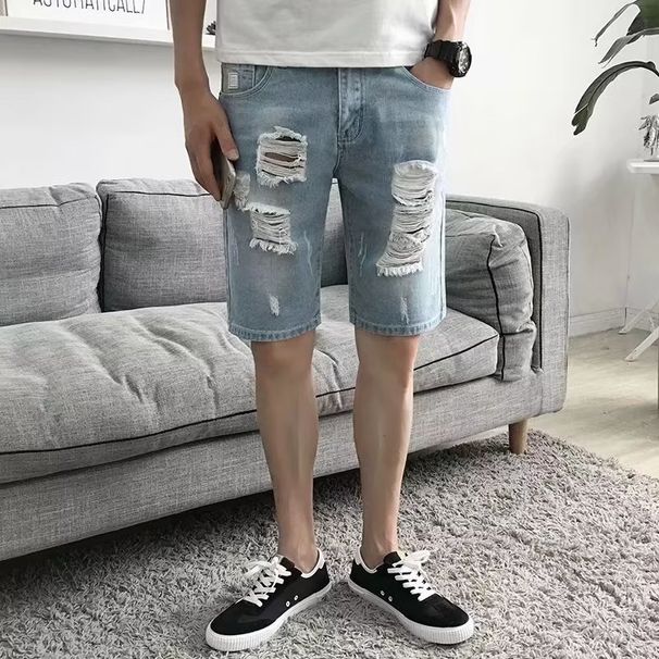 Men's Summer Thin Ripped Denim Shorts Loose Straight Leg Five Point Pants Trendy mid Length New Style_mkmklike.com