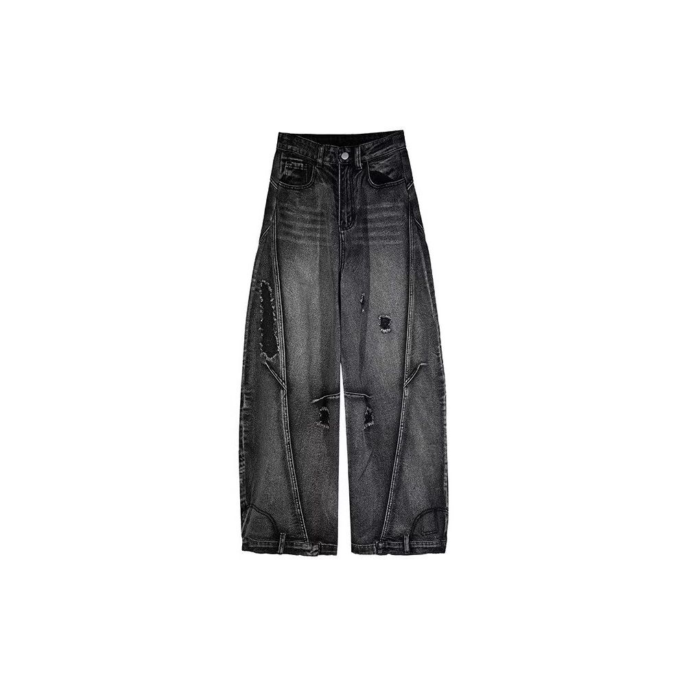 Vintage High Street Distressed Cat Whisker Wide Leg Denim Jeans For Men & Women - Cleanfit Straight Cut With Deconstructed Panels_mkmklike.com
