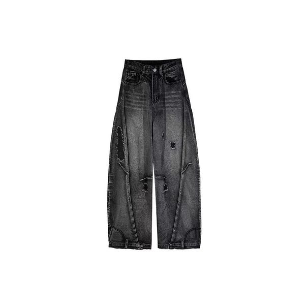 Vintage High Street Distressed Cat Whisker Wide Leg Denim Jeans For Men & Women - Cleanfit Straight Cut With Deconstructed Panels_mkmklike.com