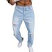 Men's Blue Ripped Washed Straight Leg Fit Jeans American Street Style Clothing_mkmklike.com