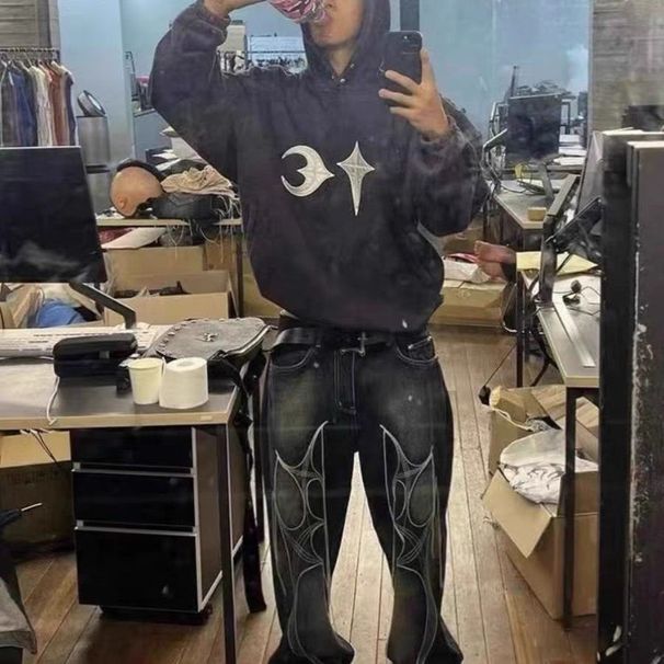 ThugClub24SS Fringed Washed Black Embroidered Loose Trousers Men's And Women's Drape Casual Straight Jeans Vibe_mkmklike.com