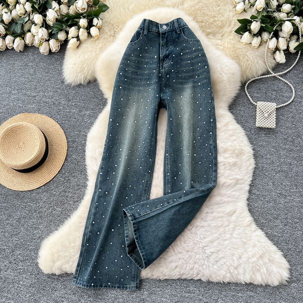 Vintage Washed High-Waisted Straight-Leg Jeans For Women - Distressed Denim With Rhinestone Details (Blue, S-2xl)_mkmklike.com