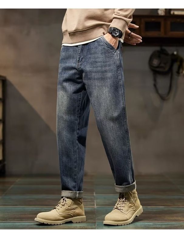 BOY Autumn Winter Jeans Trendy Brand Retro 2024 New Loose Straight Harem Casual Long Fleece Lined Men's Pants_mkmklike.com