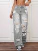Distressed Denim Jeans For Women - High Waist Straight Leg Ripped Jeans With Vintage Wash In Blue & Grey_mkmklike.com