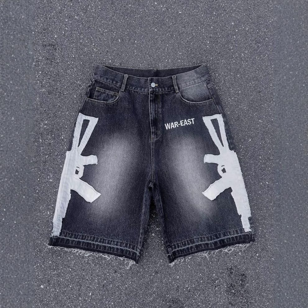 Men's Clothing Washed Hip Hop Letter Printing Men's And Women's Shorts Casual Loose Denim Shorts_mkmklike.com