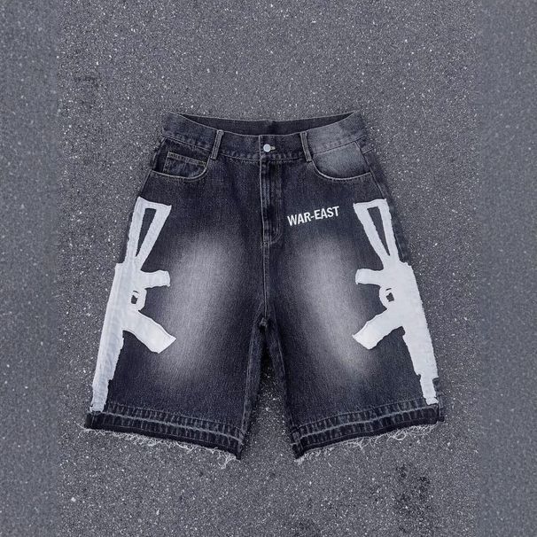 Men's Clothing Washed Hip Hop Letter Printing Men's And Women's Shorts Casual Loose Denim Shorts_mkmklike.com