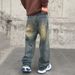 Men's Retro Washed Distressed Straight Leg Jeans - Vintage Style Comfort Fit Denim Pants For Casual Wear_mkmklike.com