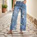 Women's Printed Straight Leg Jeans - Flowy Bootcut Denim Pants For Spring/Autumn (S-2XL, Light Blue/Dark Blue, Cotton Blend, Mid-Rise)_mkmklike.com