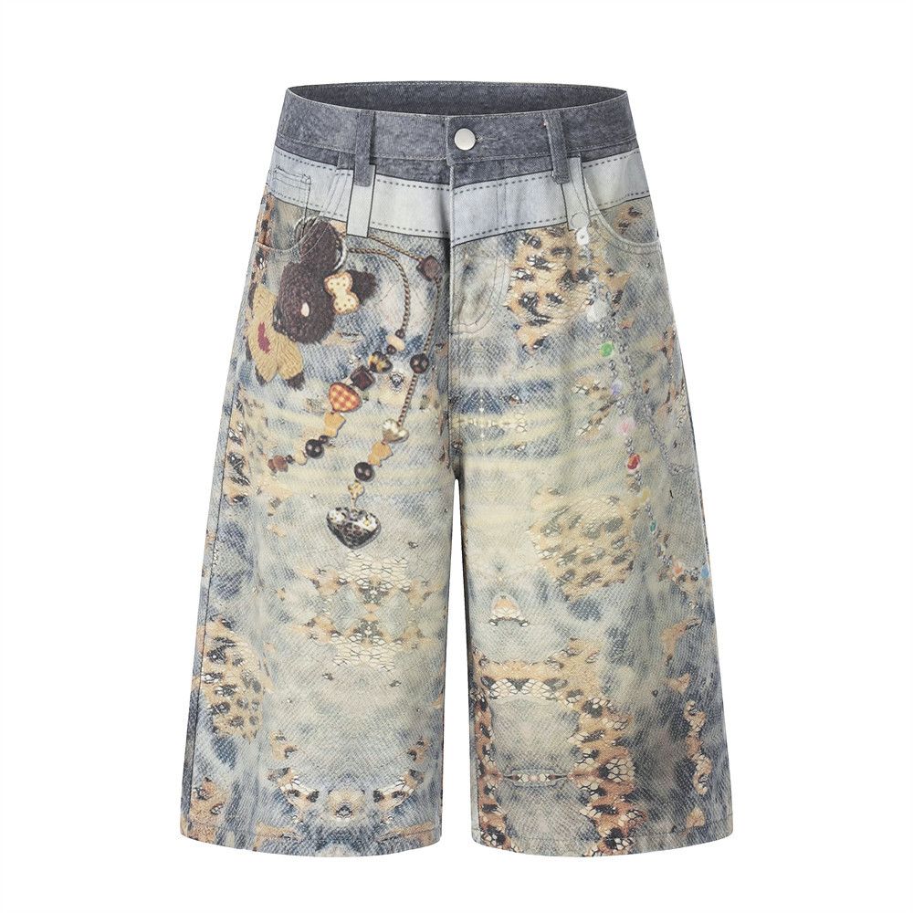 Men's Faux Two Piece Digital Print Denim Shorts Hip Hop Trend Loose Straight Leg mid Waist Black Blue Cotton Machine Washable_mkmklike.com