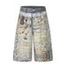 Men's Faux Two Piece Digital Print Denim Shorts Hip Hop Trend Loose Straight Leg mid Waist Black Blue Cotton Machine Washable_mkmklike.com