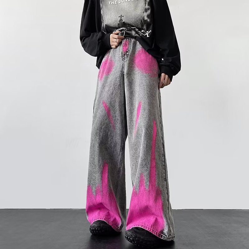 Graffiti Jeans Men's Autumn New American Ins Trendy Brand Fried Street Loose Straight-leg Pants Fashionable Personalized Wide-leg Pants_mkmklike.com
