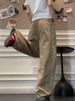 Plus Size American Style Khaki Cargo Jeans For Women High Street Design Loose Wide Leg Draped Straight Long Pants_mkmklike.com