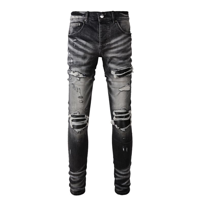 Men's Clothing Street Fashion Jeans Retro Black Grey Ripped Slim Fit Leather Denim Pants_mkmklike.com